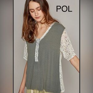 POL Olive and Cream Lace Blouse